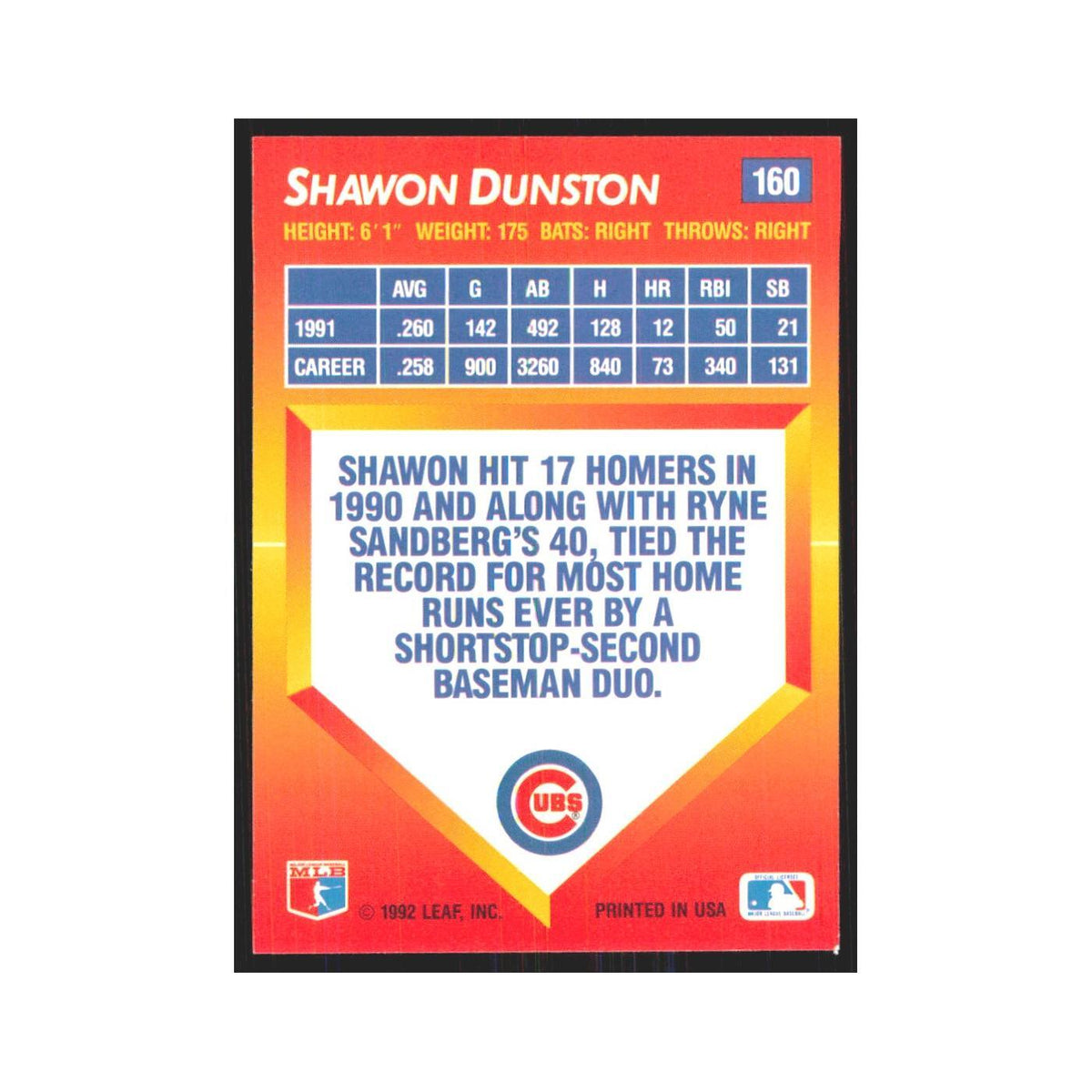1992 Triple Play Shawon Dunston Cubs #160