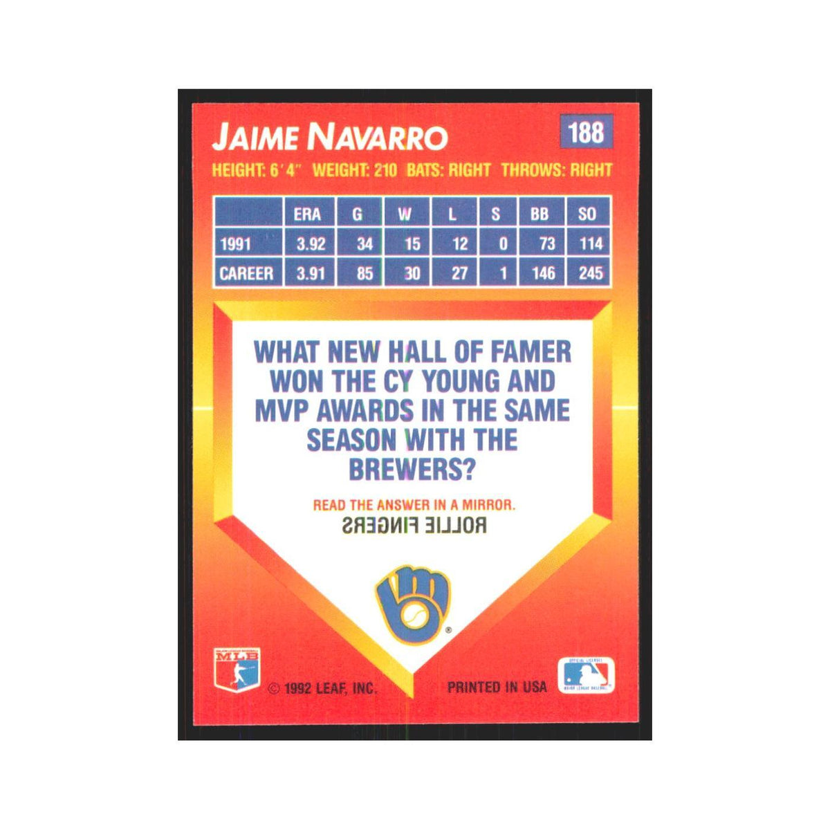 1992 Triple Play Jaime Navarro Brewers #188