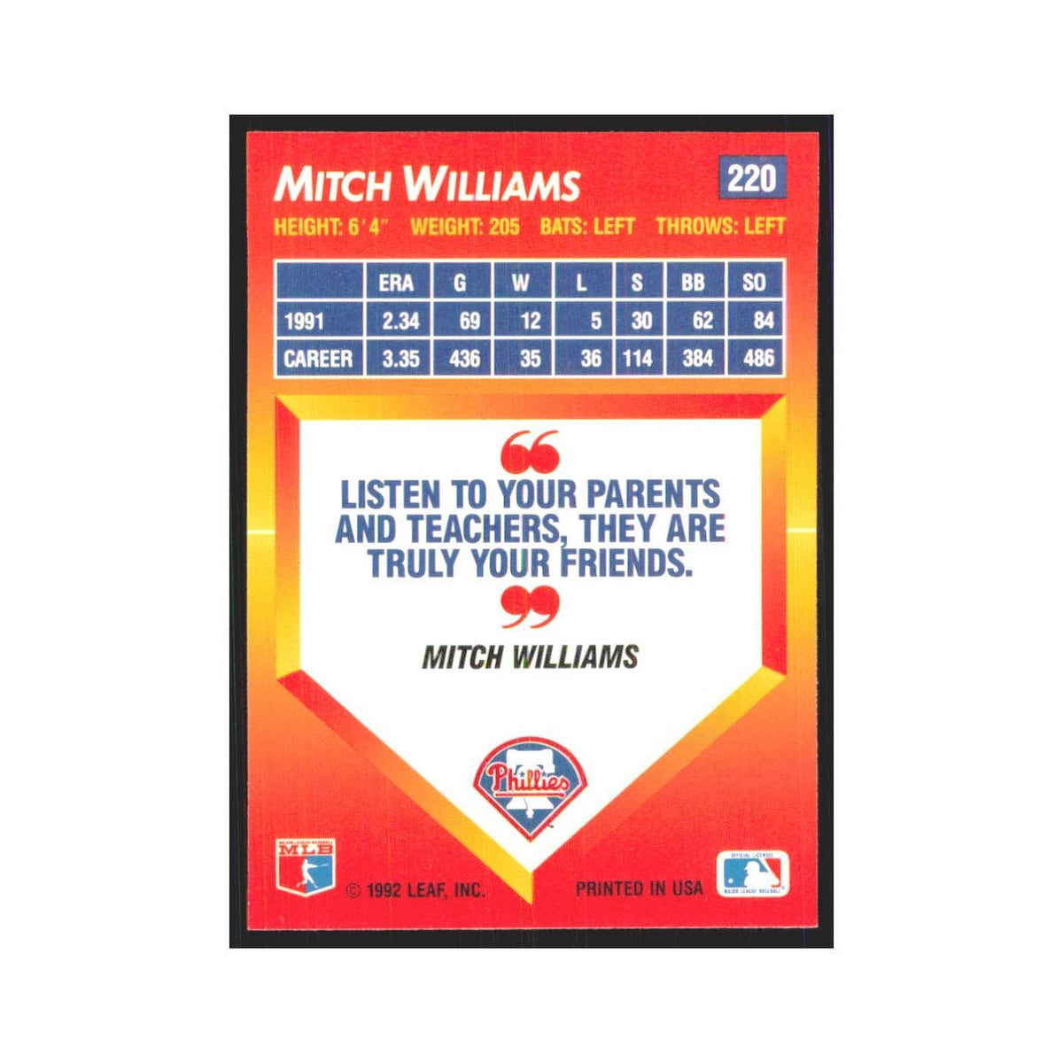 1992 Triple Play Mitch Williams Phillies #220