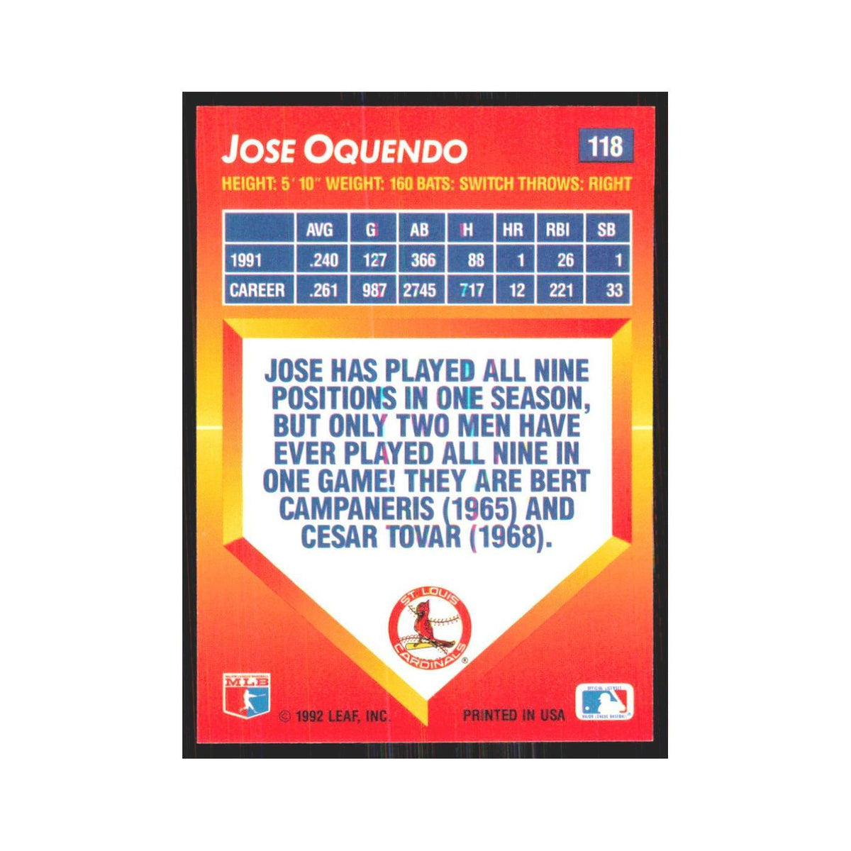 1992 Triple Play Jose Oquendo Cardinals #118