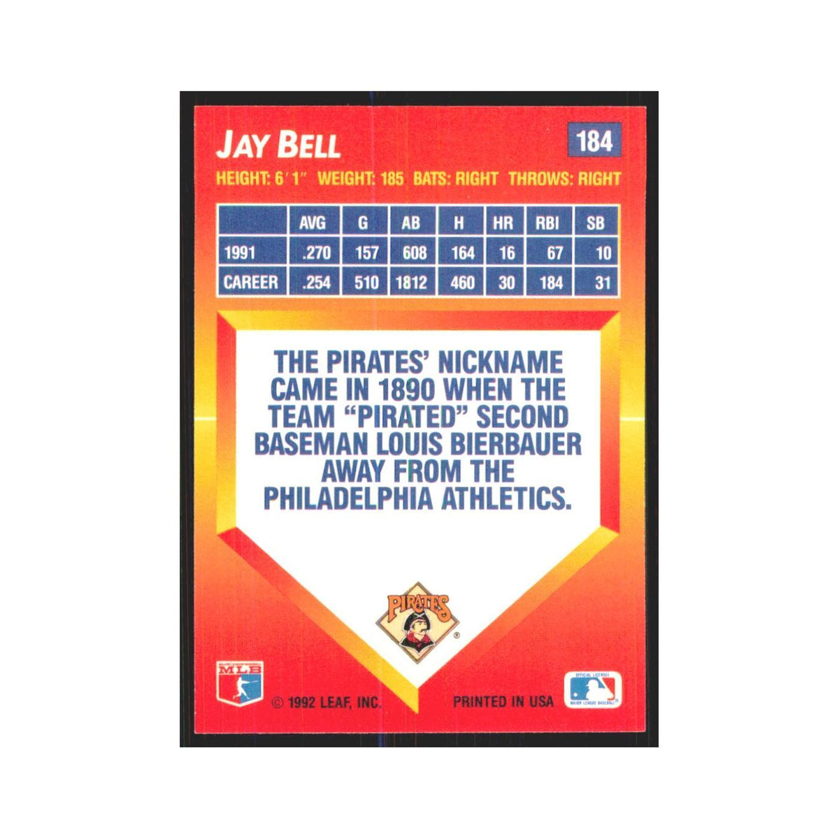 1992 Triple Play Jay Bell Pirates #184