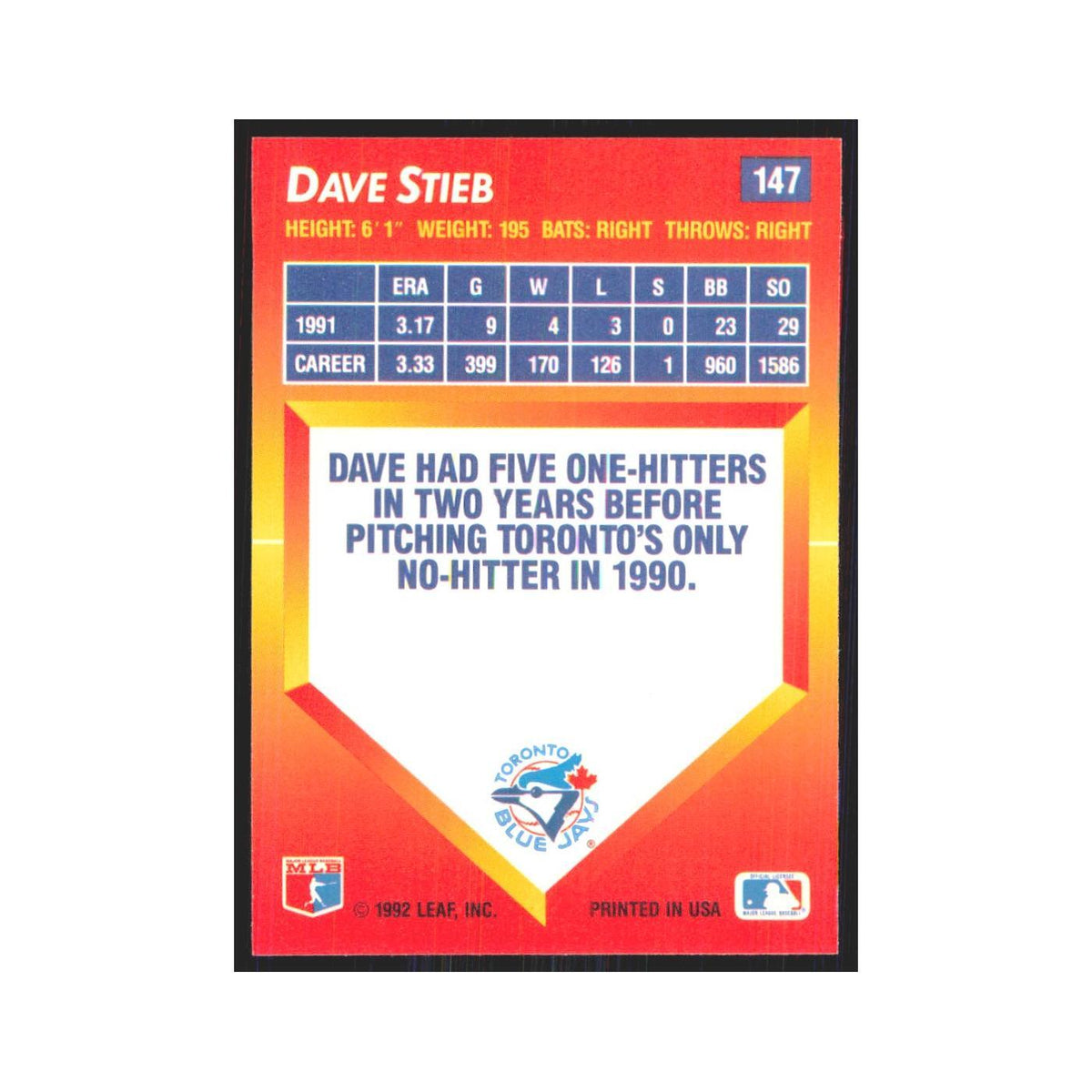 1992 Triple Play Dave Stieb Blue Jays #147