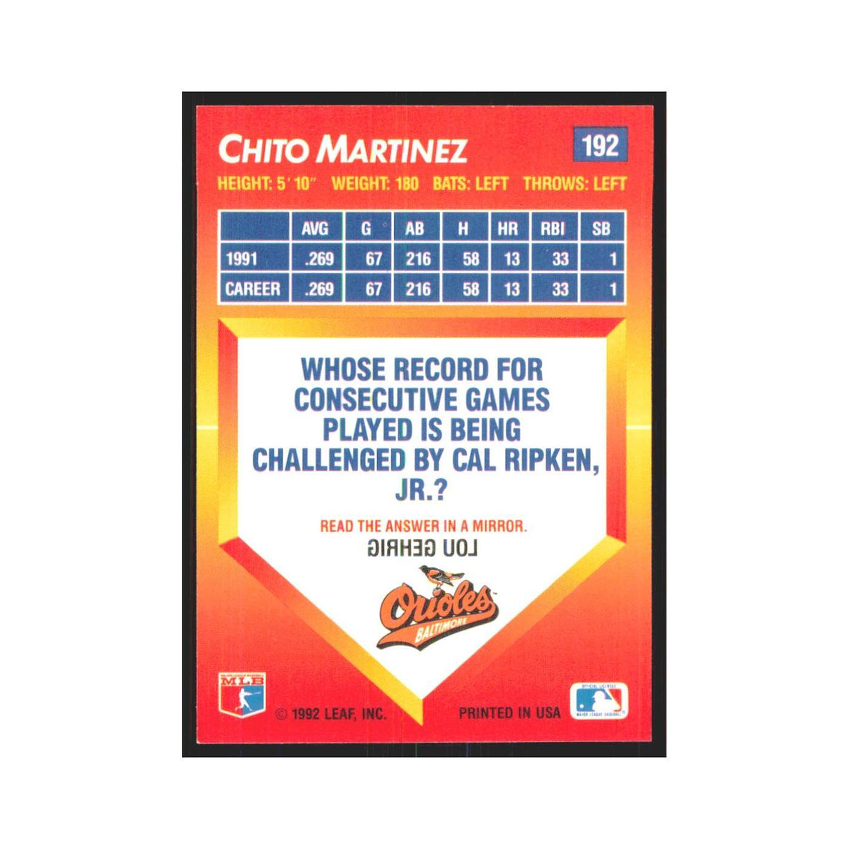 1992 Triple Play Chito Martinez Orioles #192