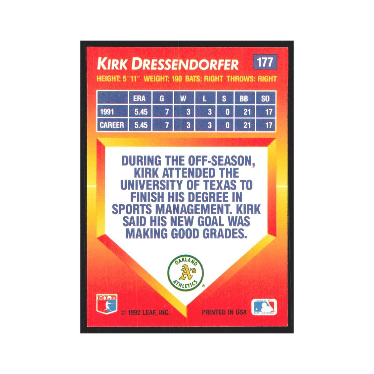 1992 Triple Play Kirk Dressendorfer Athletics #177
