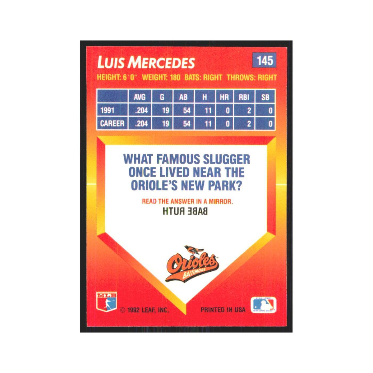1992 Triple Play Luis Mercedes Orioles #145