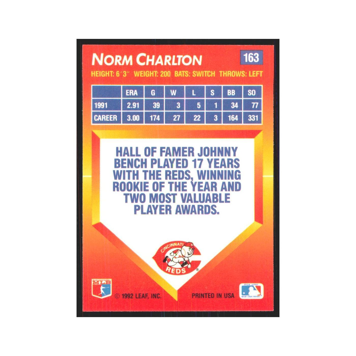 1992 Triple Play Norm Charlton Reds #163