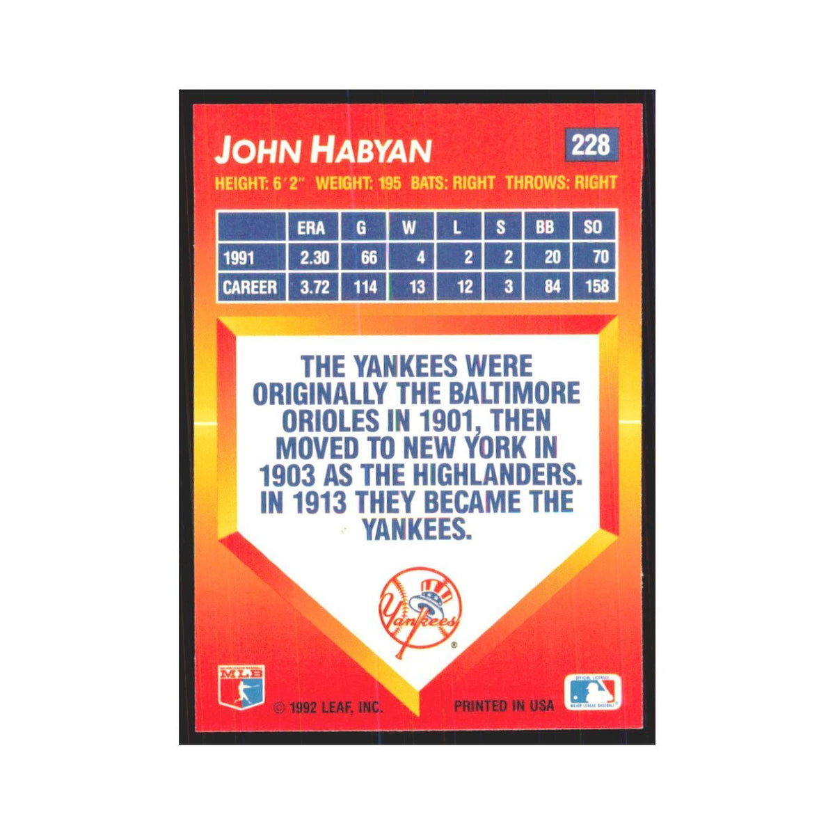 1992 Triple Play John Habyan Yankees #228