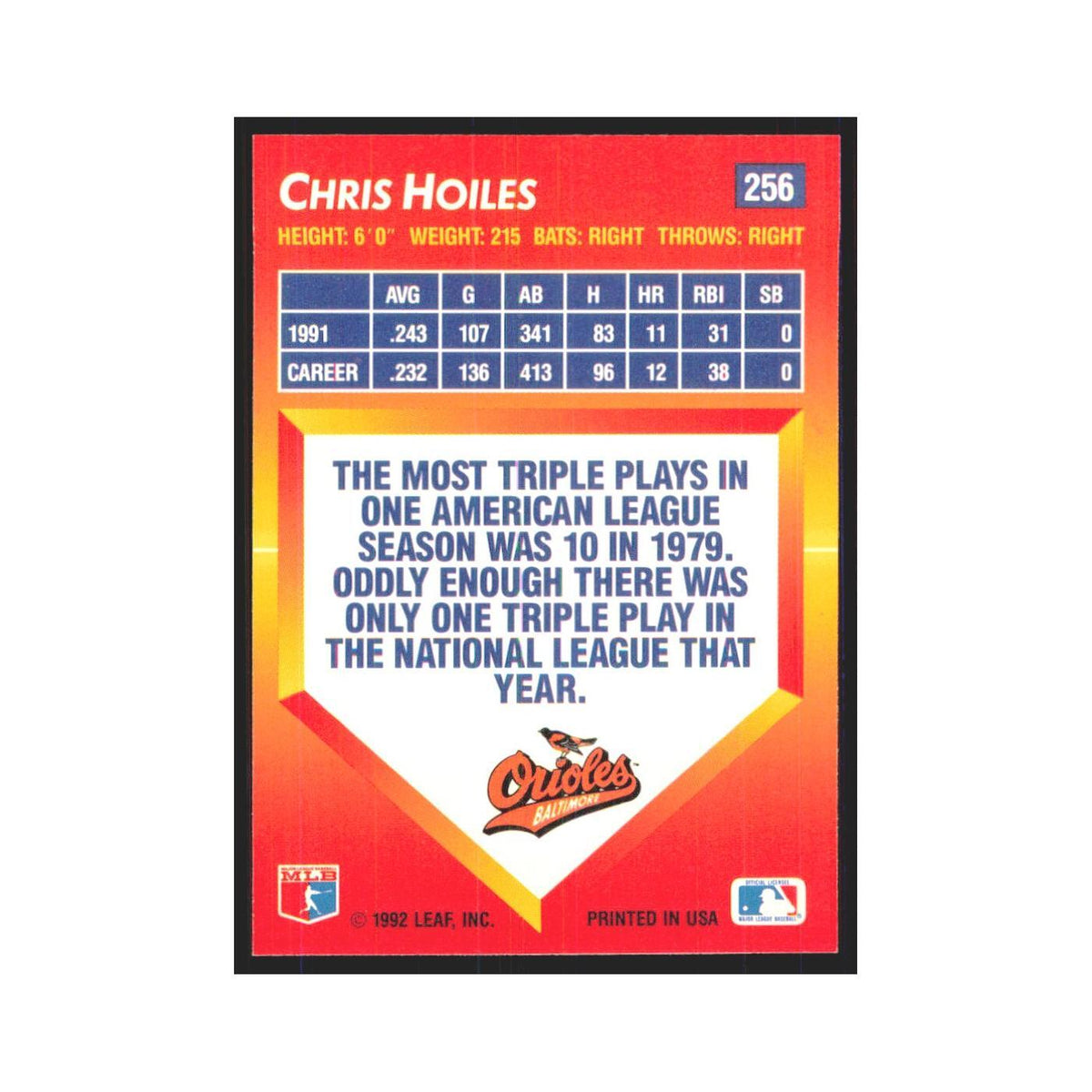 1992 Triple Play Chris Hoiles Orioles #256
