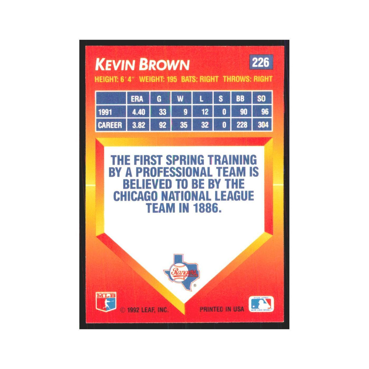 1992 Triple Play Kevin Brown Rangers #226