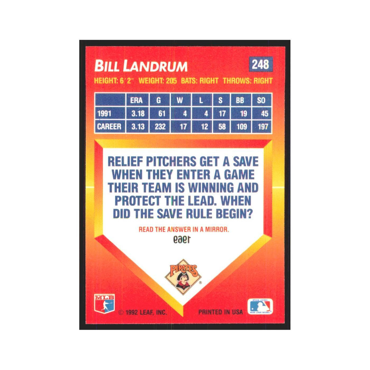 1992 Triple Play Bill Landrum Pirates #248