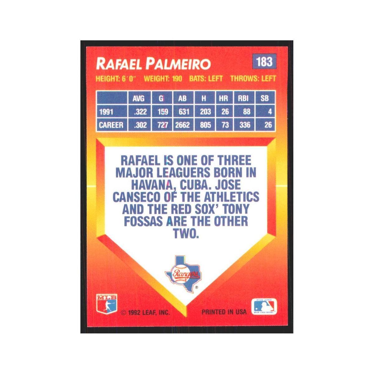 1992 Triple Play Rafael Palmeiro Rangers #183