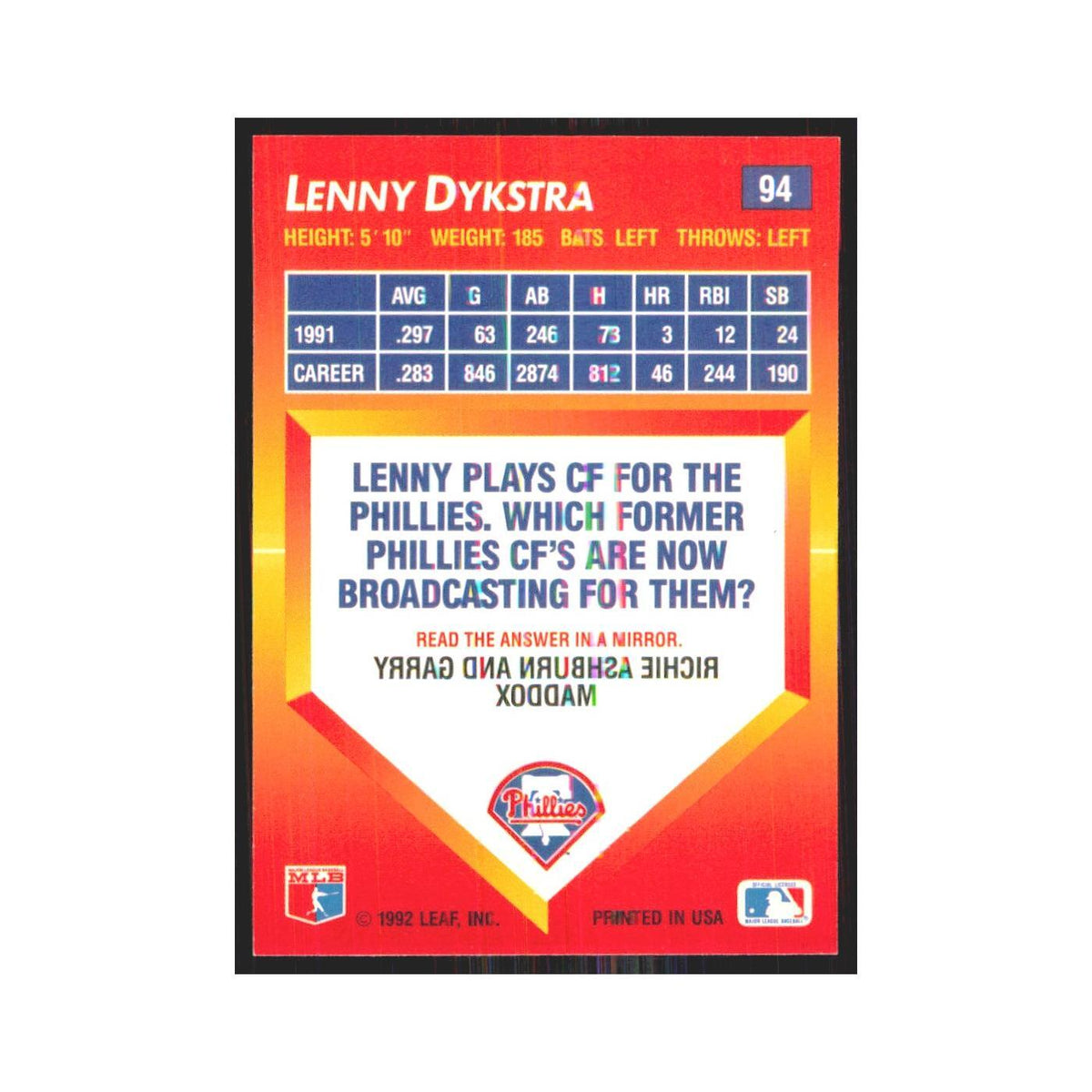 1992 Triple Play Lenny Dykstra Phillies #94