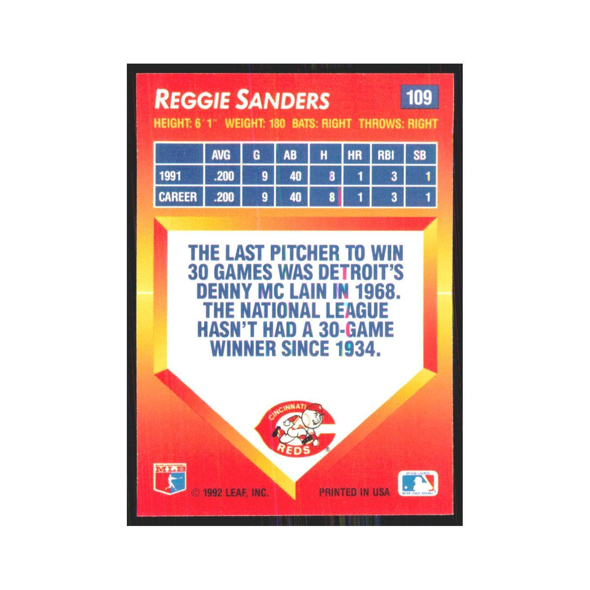 1992 Triple Play Reggie Sanders Reds #109