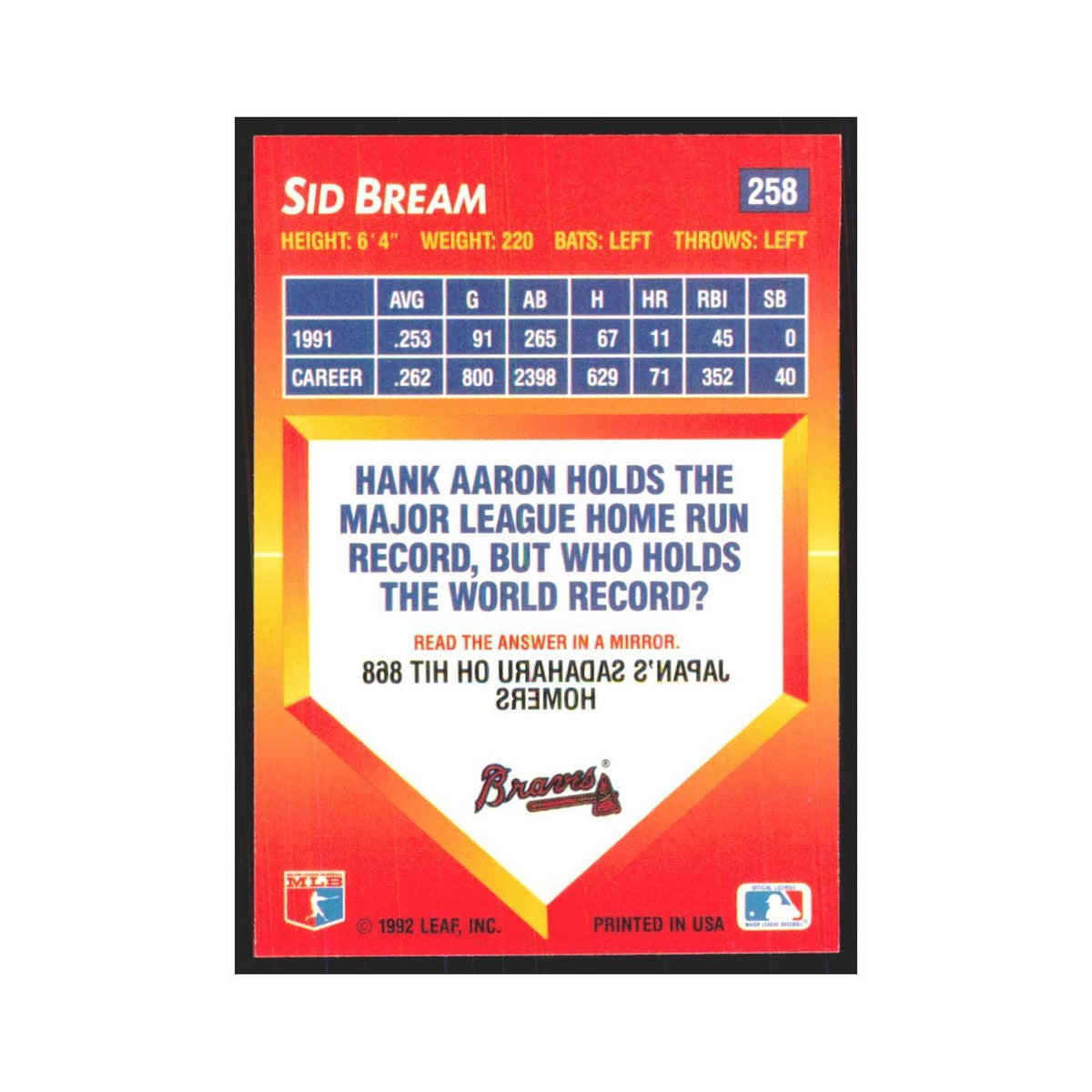 1992 Triple Play Sid Bream Braves #258