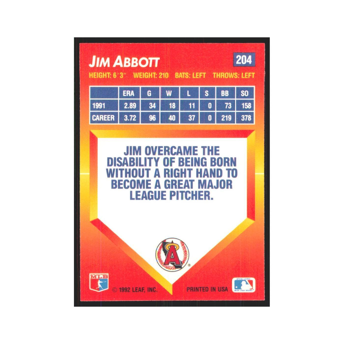 1992 Triple Play Jim Abbott Angels #204