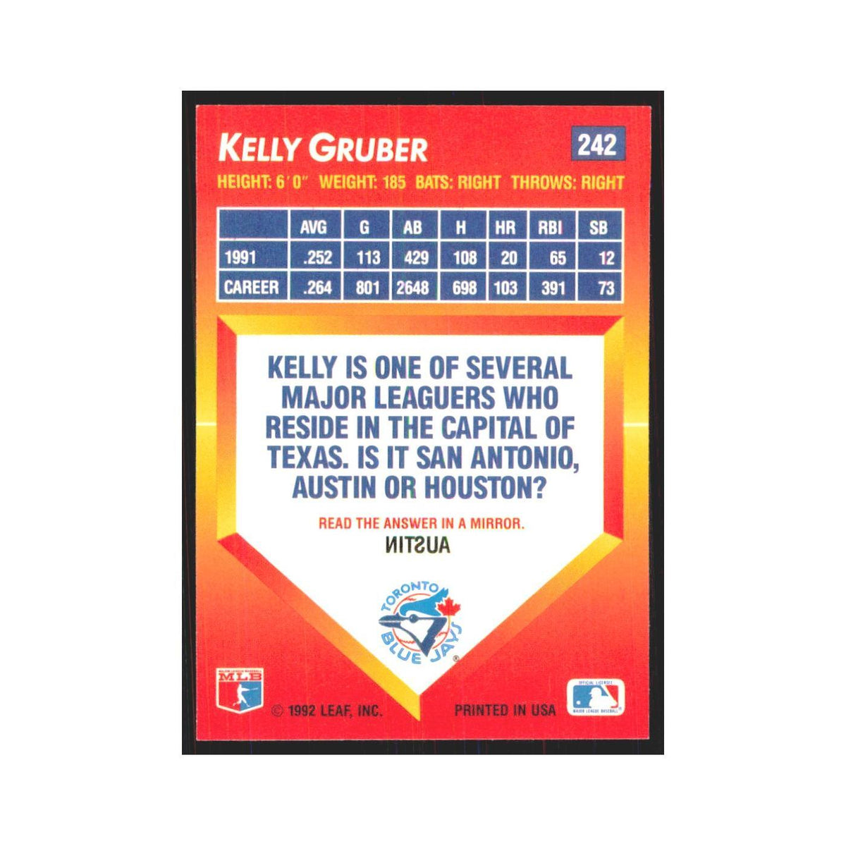 1992 Triple Play Kelly Gruber Blue Jays #242