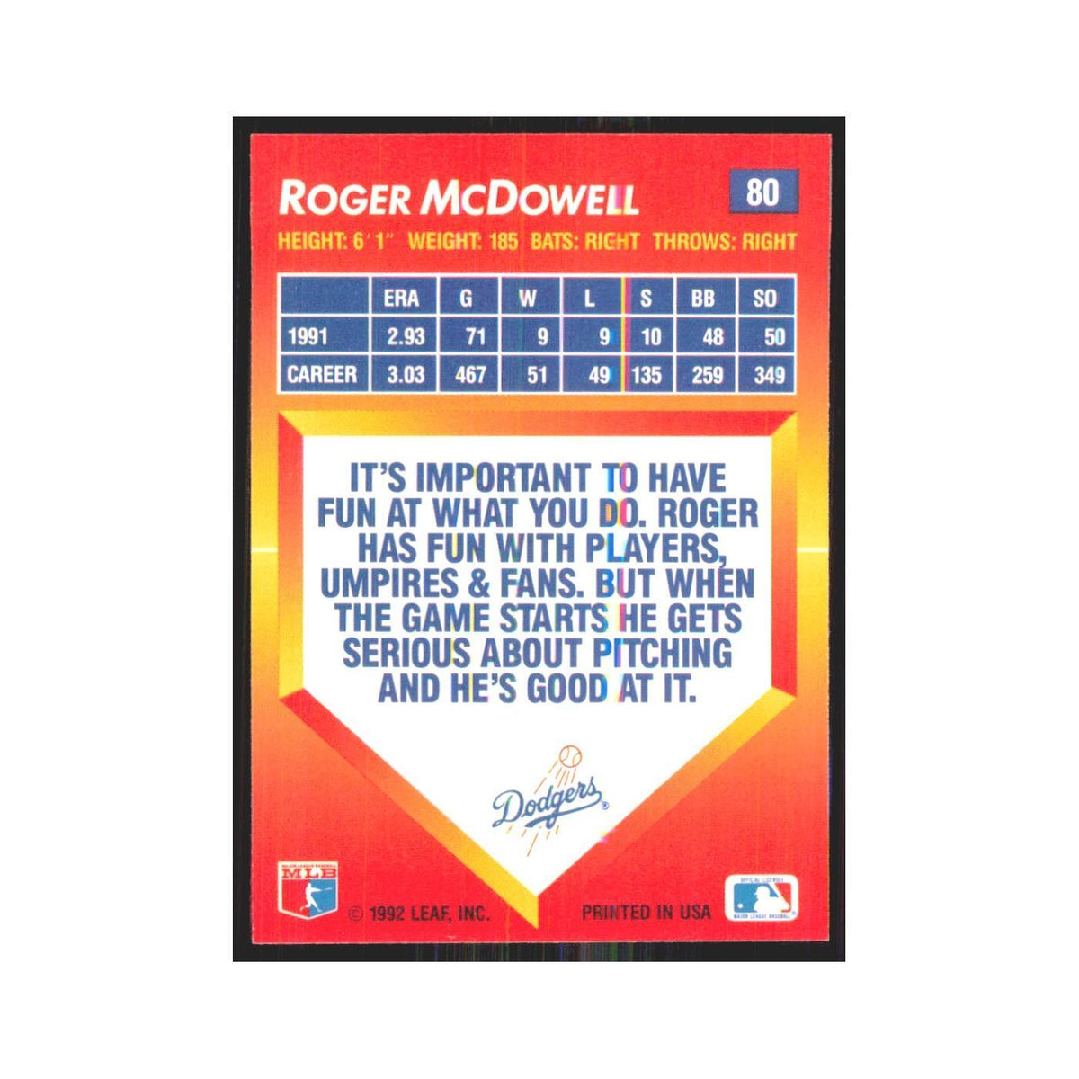 1992 Triple Play Roger McDowell Dodgers #80
