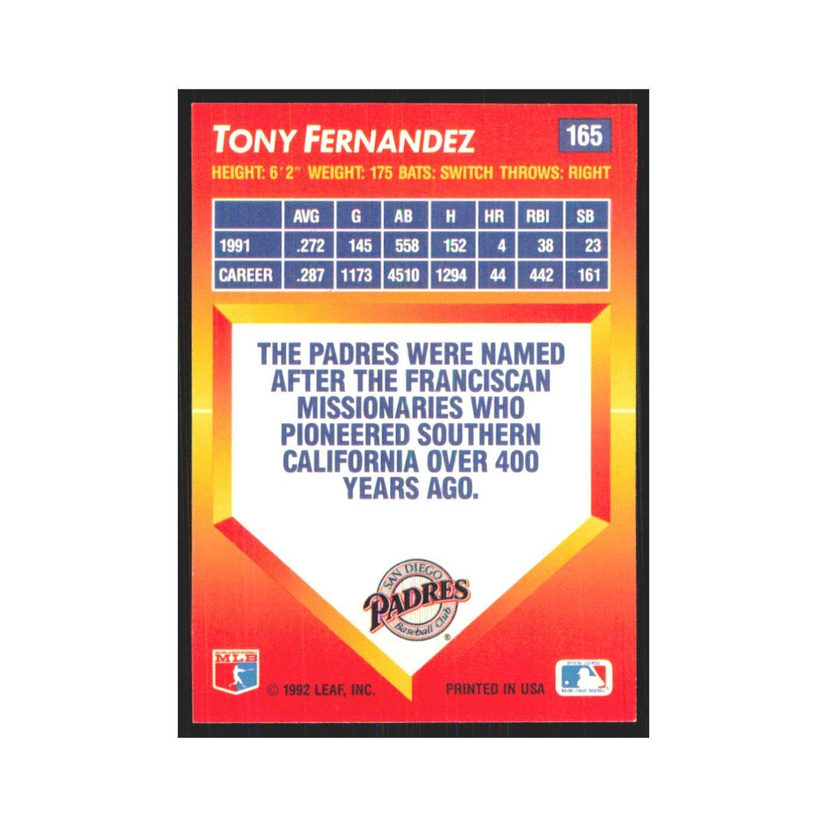 1992 Triple Play Tony Fernandez Padres #165