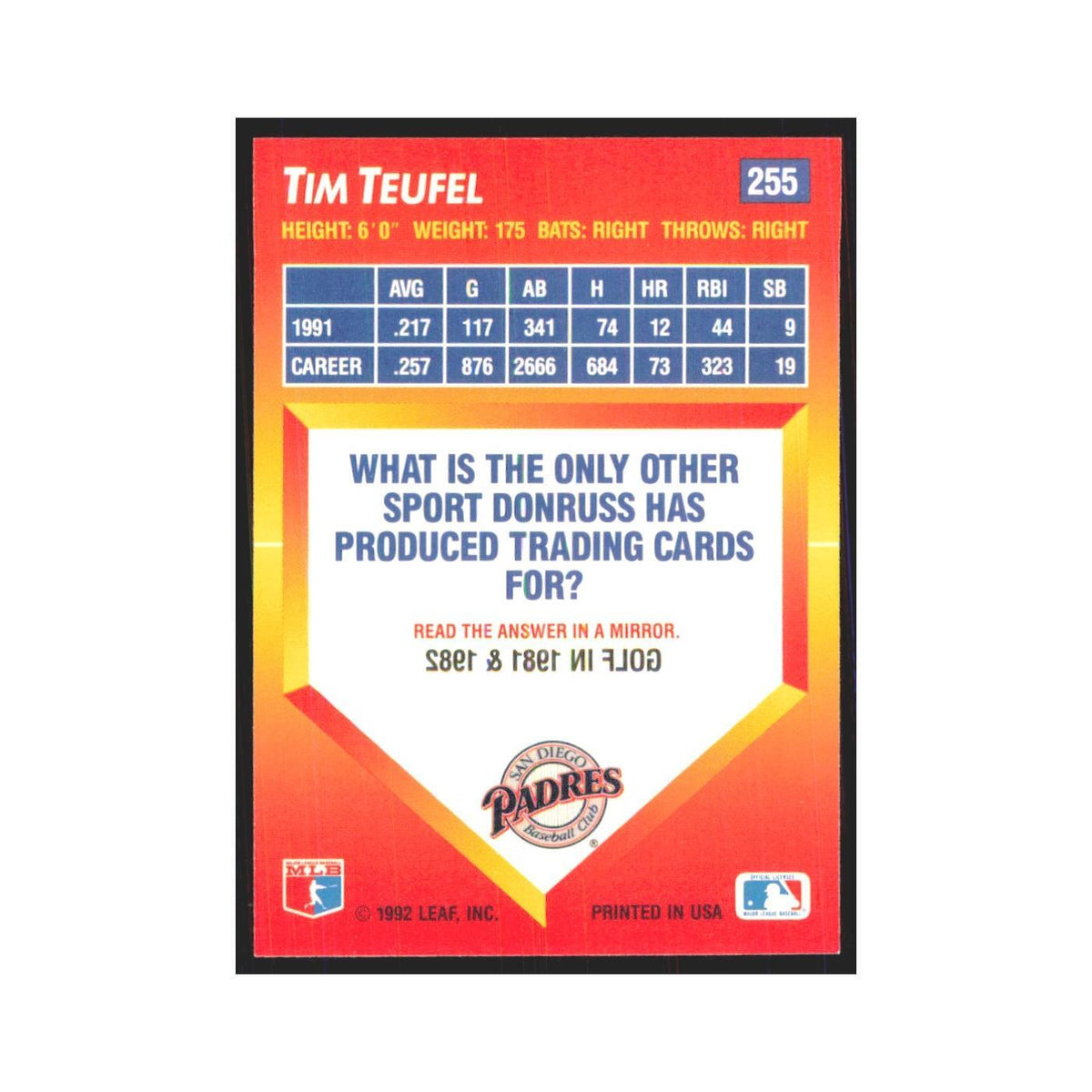 1992 Triple Play Tim Teufel Padres #255