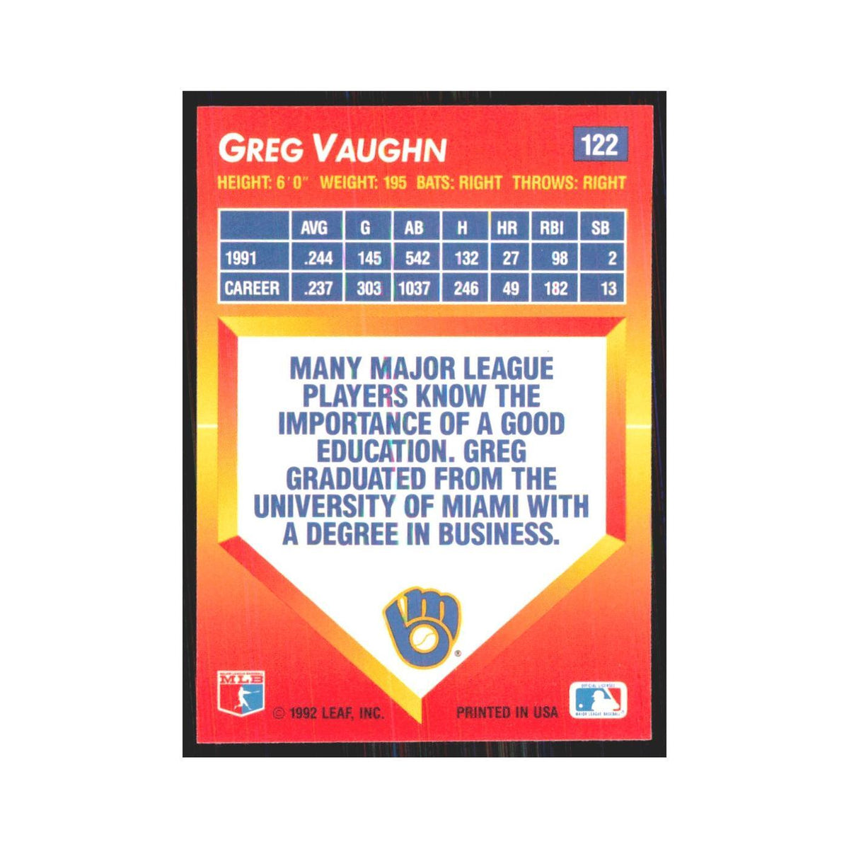 1992 Triple Play Greg Vaughn Brewers #122