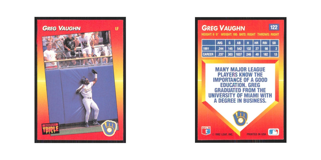 1992 Triple Play Greg Vaughn Brewers #122