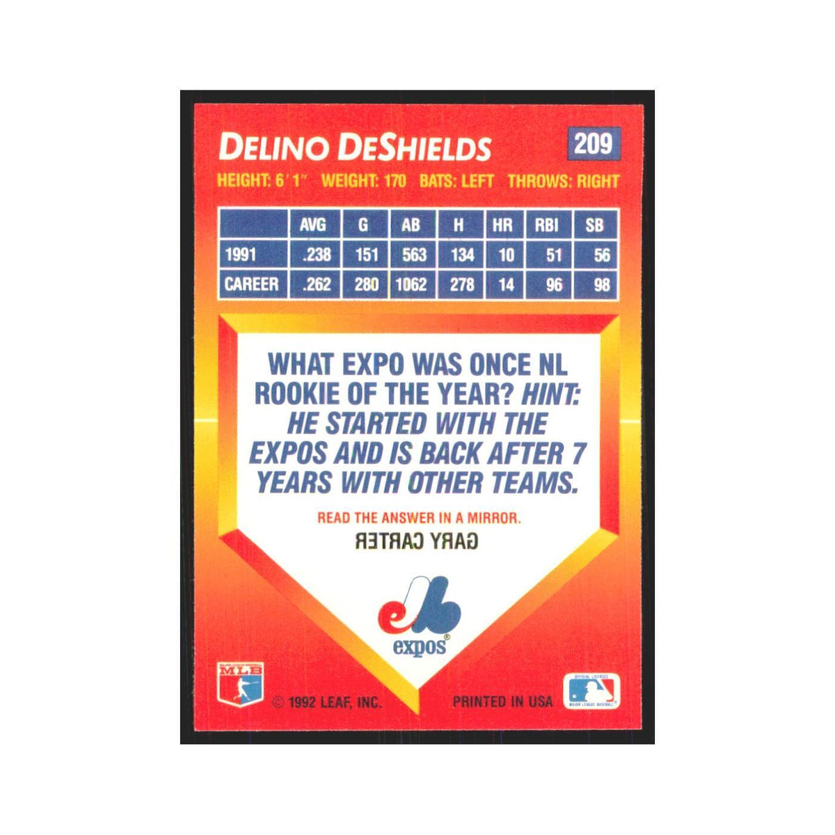 1992 Triple Play Delino DeShields Montreal Expos #209