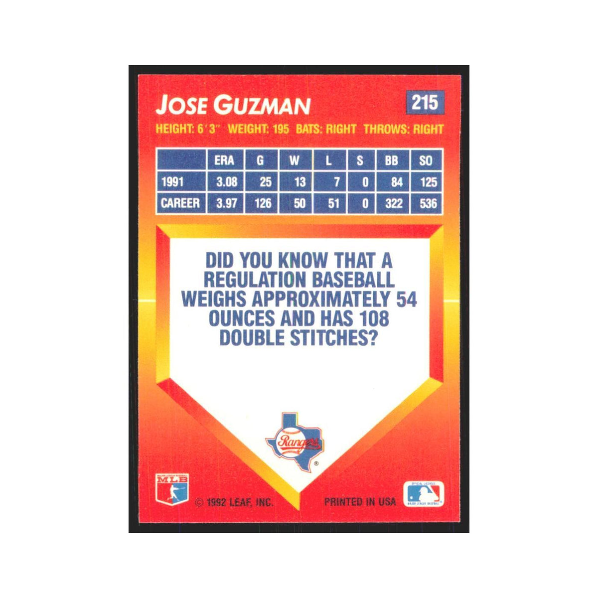 1992 Triple Play Jose Guzman Rangers #215