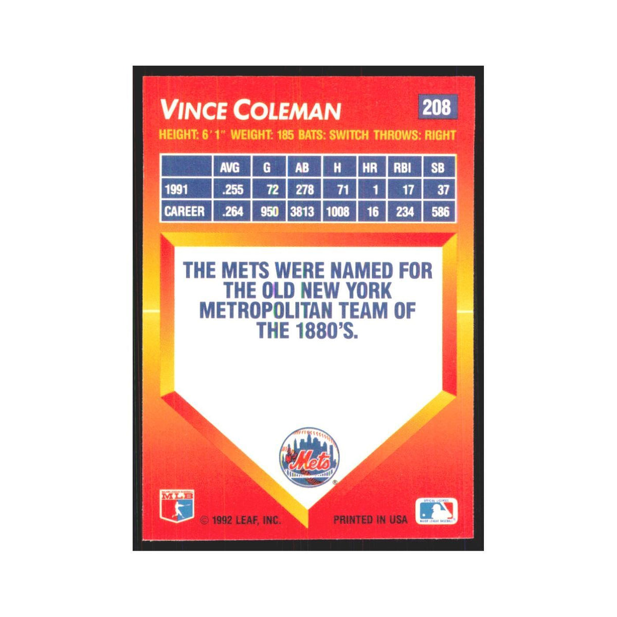 1992 Triple Play Vince Coleman Mets #208