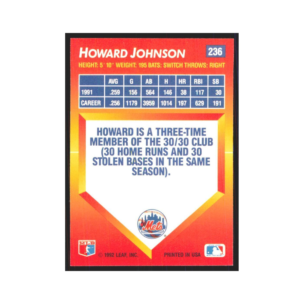1992 Triple Play Howard Johnson Mets #236