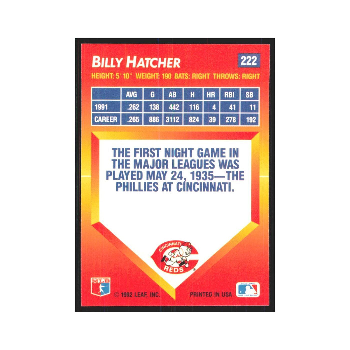1992 Triple Play Billy Hatcher Reds #222