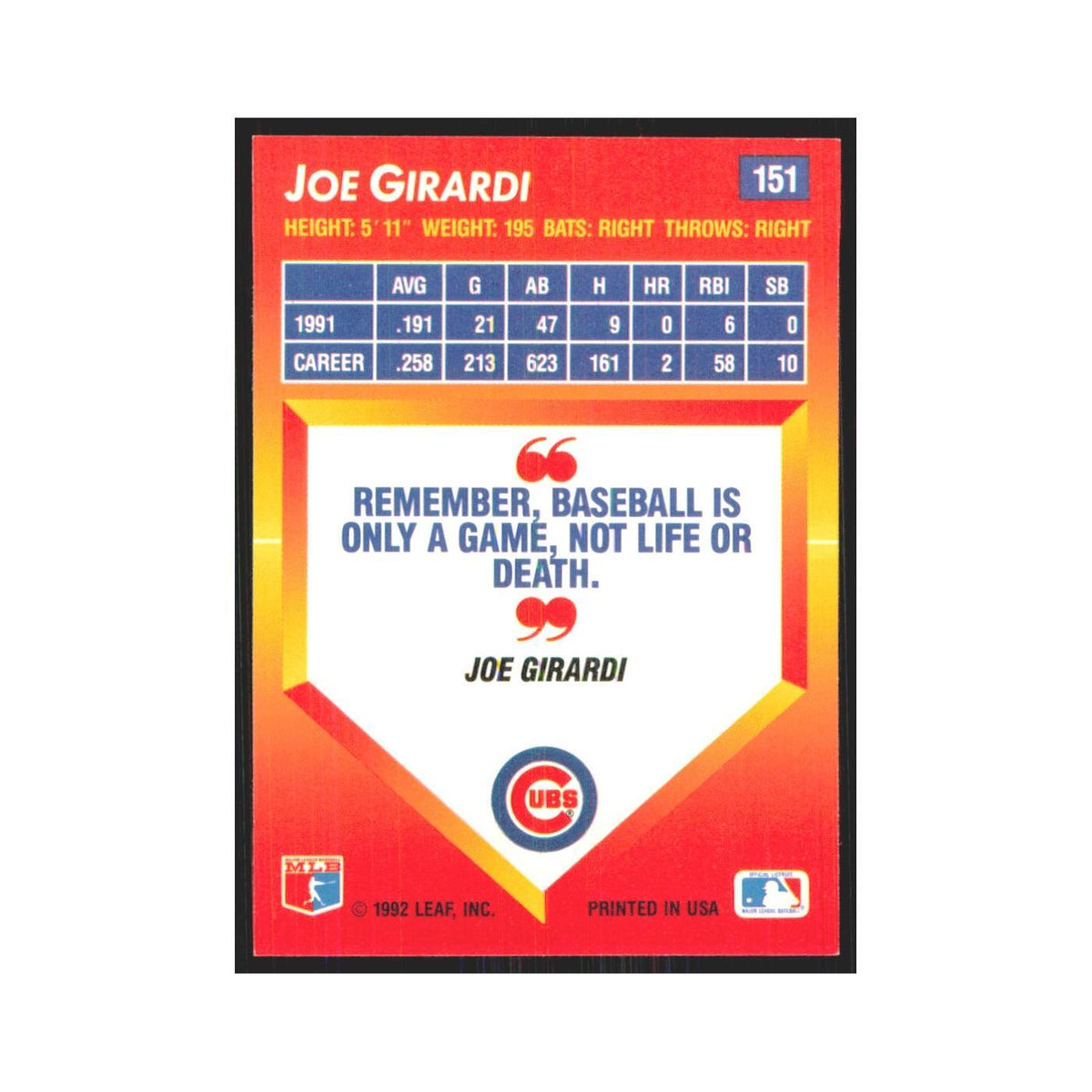 1992 Triple Play Joe Girardi Cubs #151