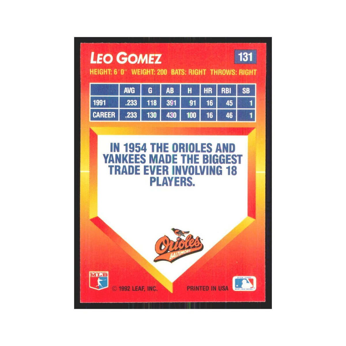1992 Triple Play Leo Gomez Orioles #131