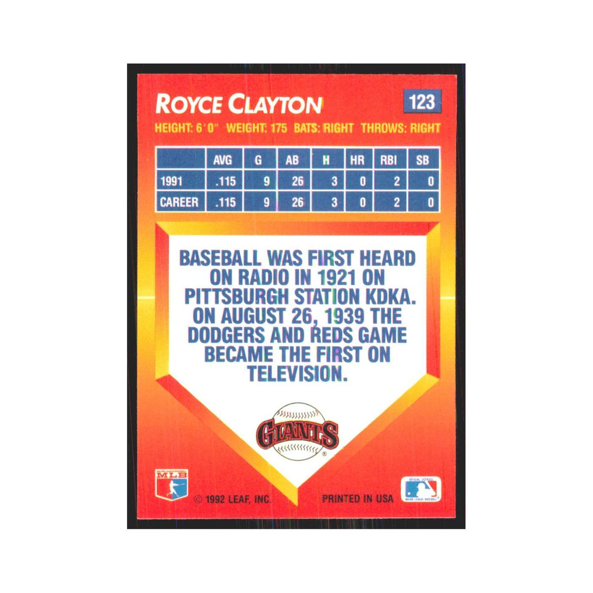 1992 Triple Play Royce Clayton Giants #123