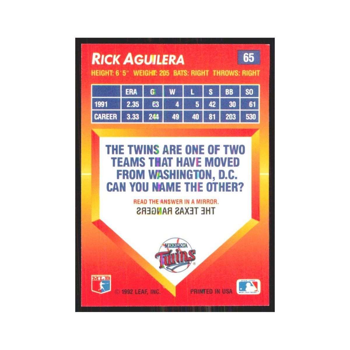 1992 Donruss Triple Play Rick Aguilera Twins #65