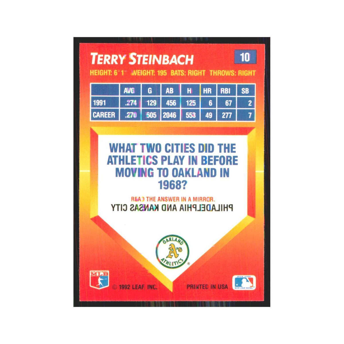 1992 Donruss Triple Play Terry Steinbach Athletics #10