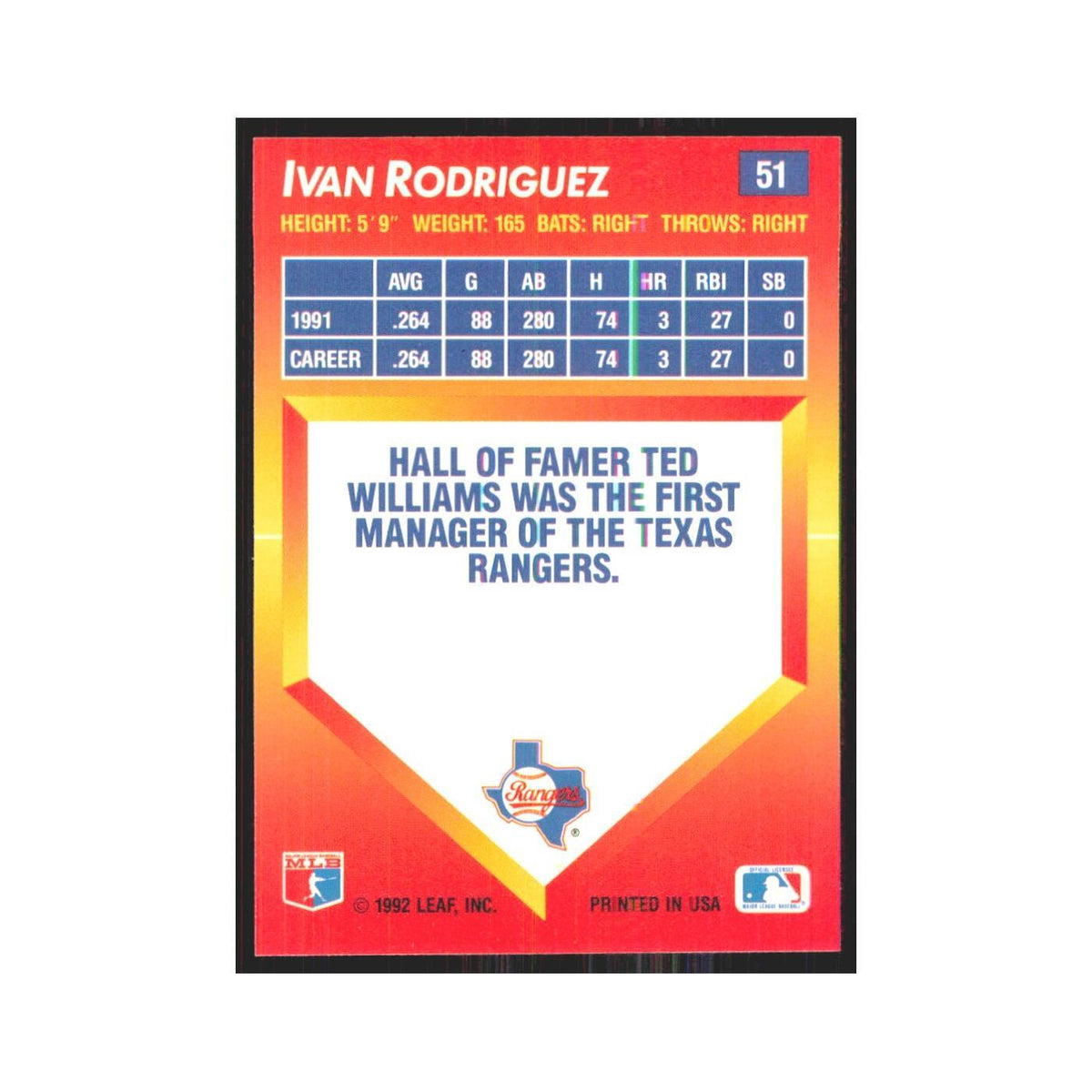 1992 Donruss Triple Play Ivan Rodriguez Rangers #51