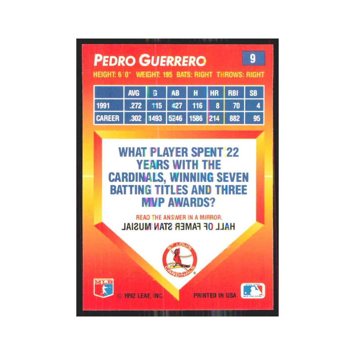 1992 Donruss Triple Play Pedro Guerrero Cardinals #9