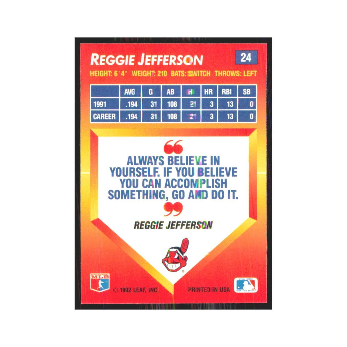 1992 Donruss Triple Play Reggie Jefferson Indians #24