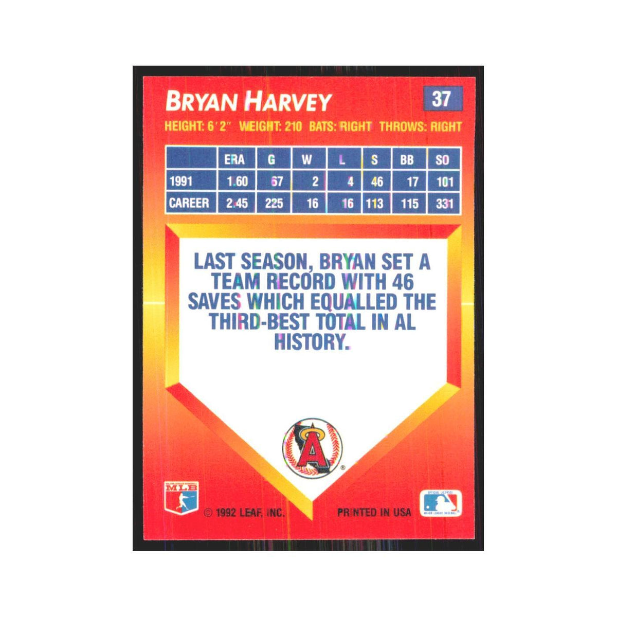 1992 Donruss Triple Play Bryan Harvey Angels #37