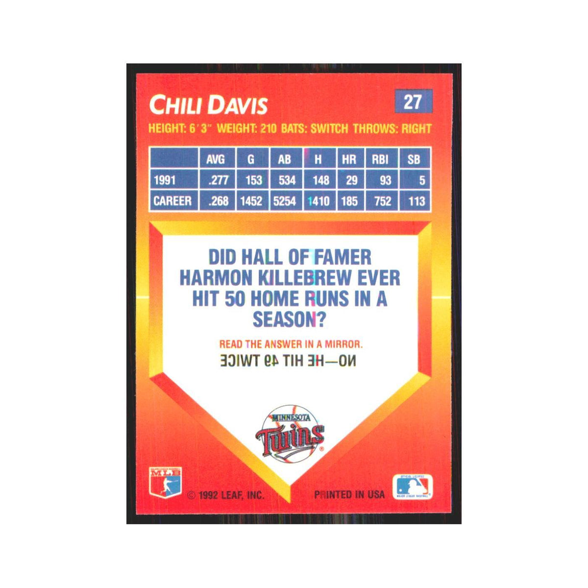 1992 Donruss Triple Play Chili Davis Twins #27