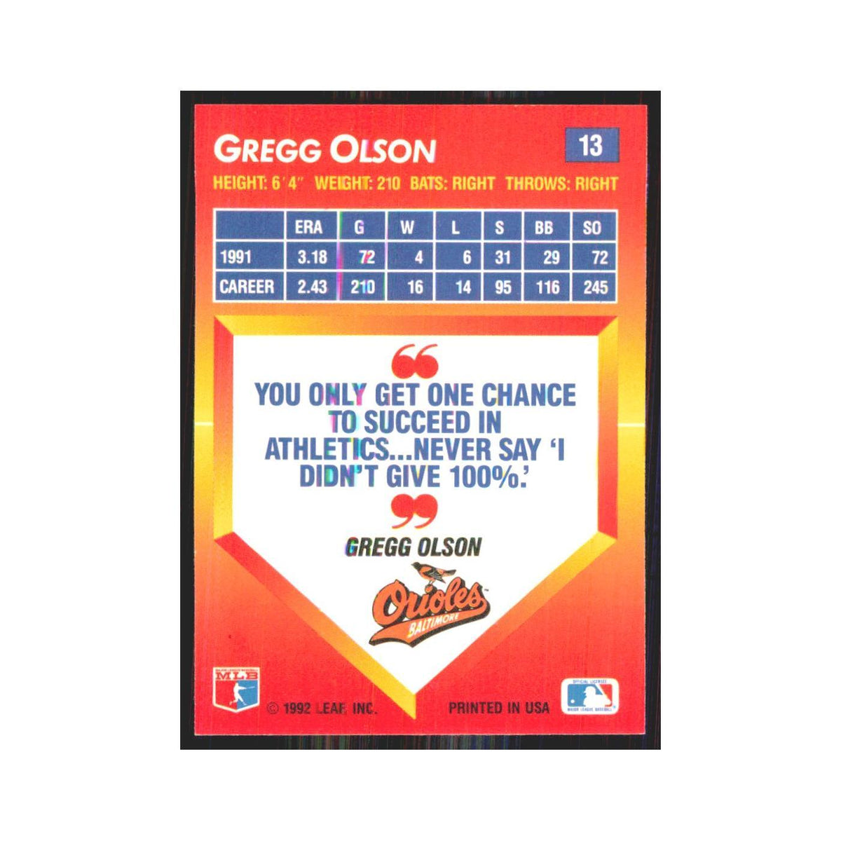1992 Donruss Triple Play Gregg Olson Orioles #13