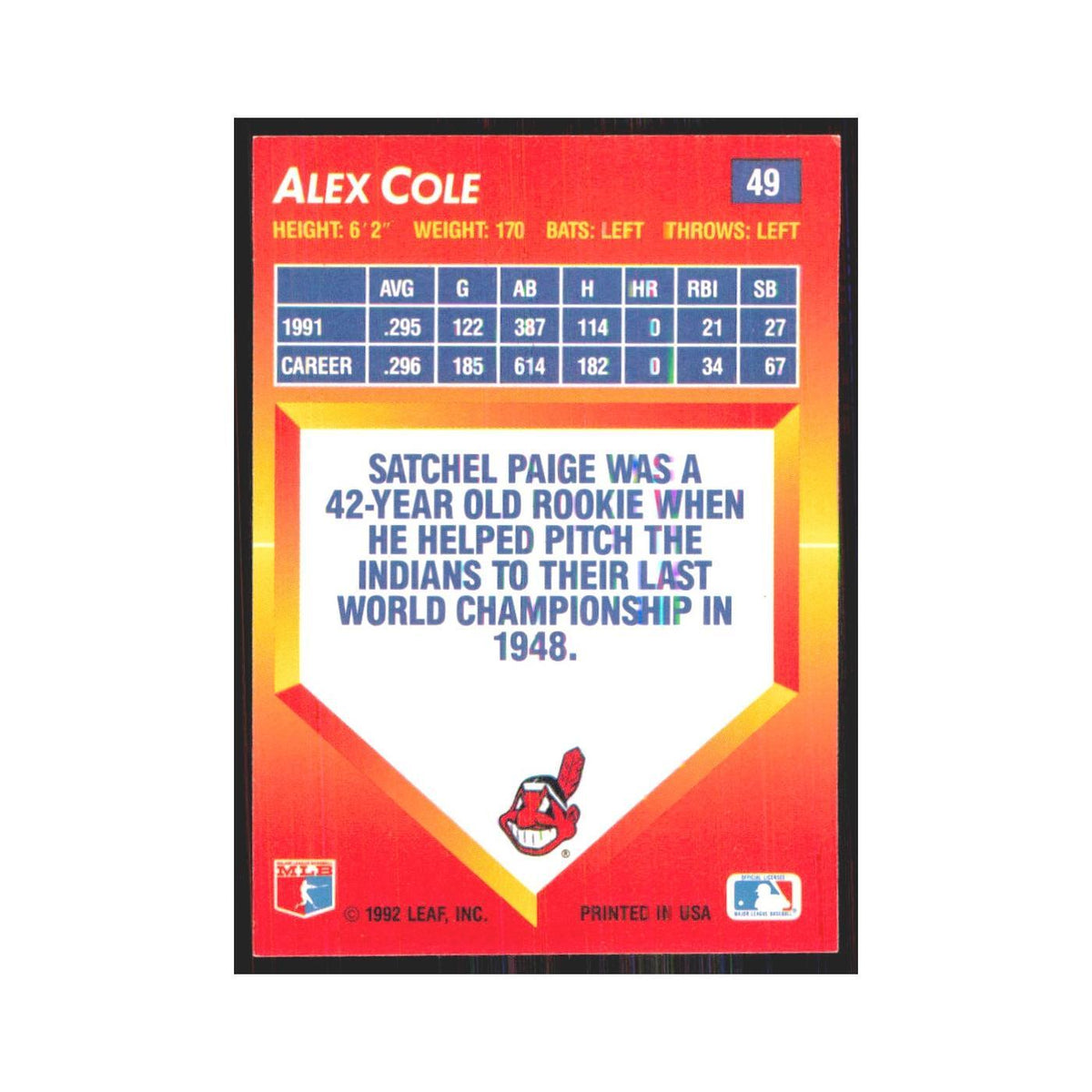 1992 Donruss Triple Play Alex Cole Indians #49