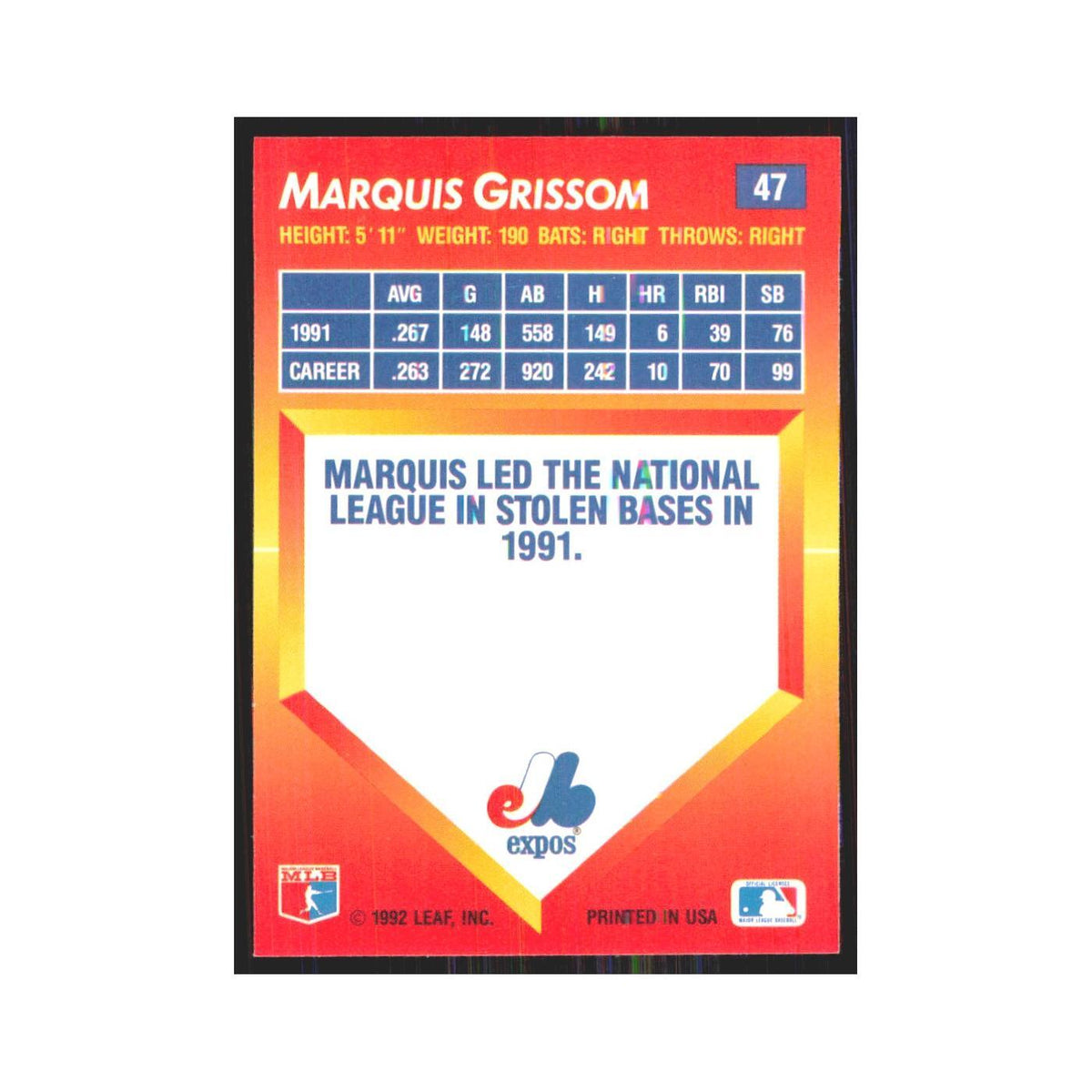 1992 Donruss Triple Play Marquis Grissom Montreal Expos #47