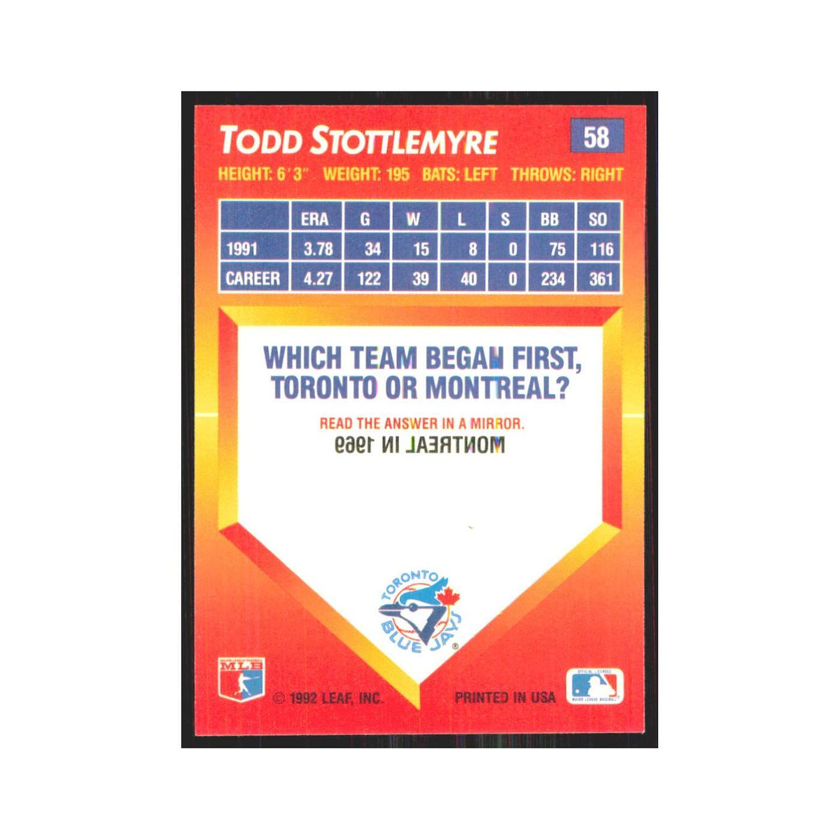 1992 Donruss Triple Play Todd Stottlemyre Blue Jays #58