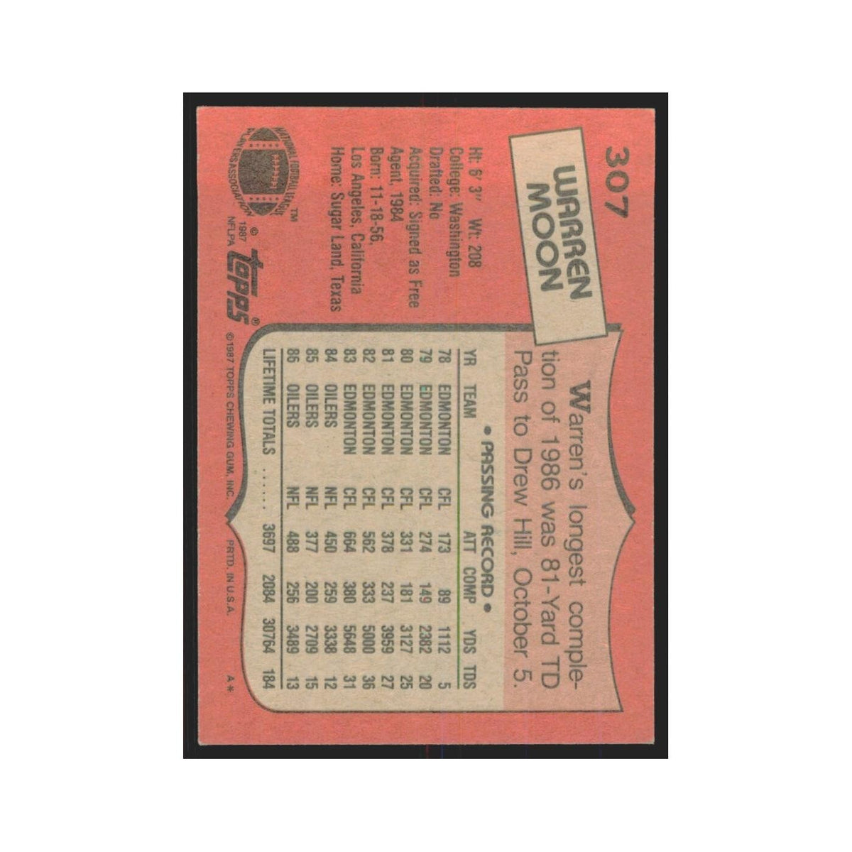 1987 Topps Warren Moon Houston Oilers #307