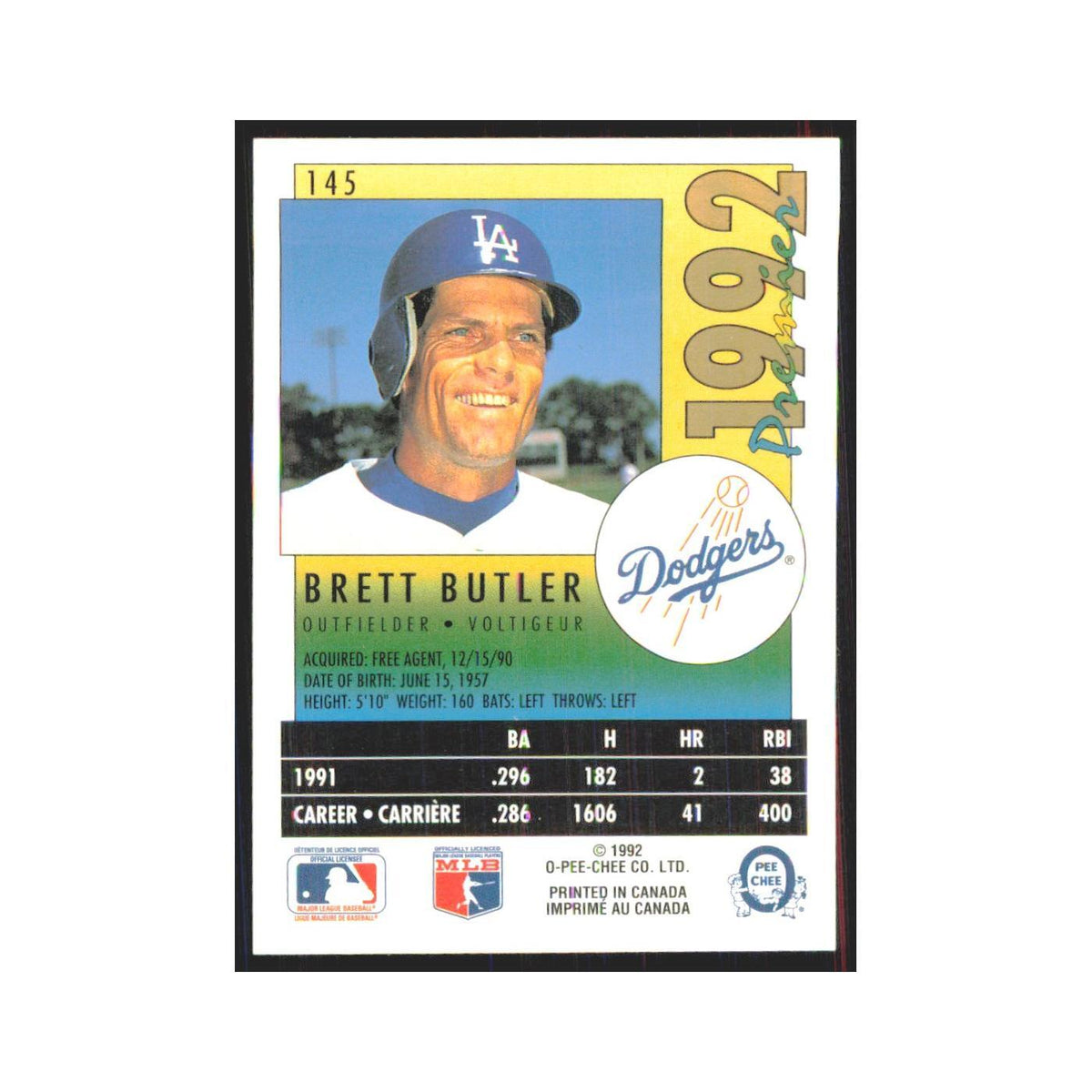 1992 O-Pee-Chee Premier Brett Butler Dodgers #145