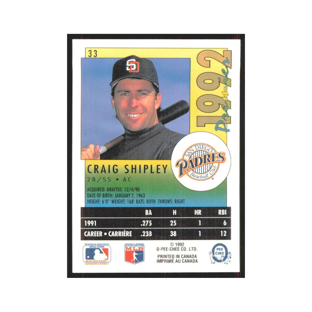 1992 O-Pee-Chee Premier Craig Shipley Padres #33