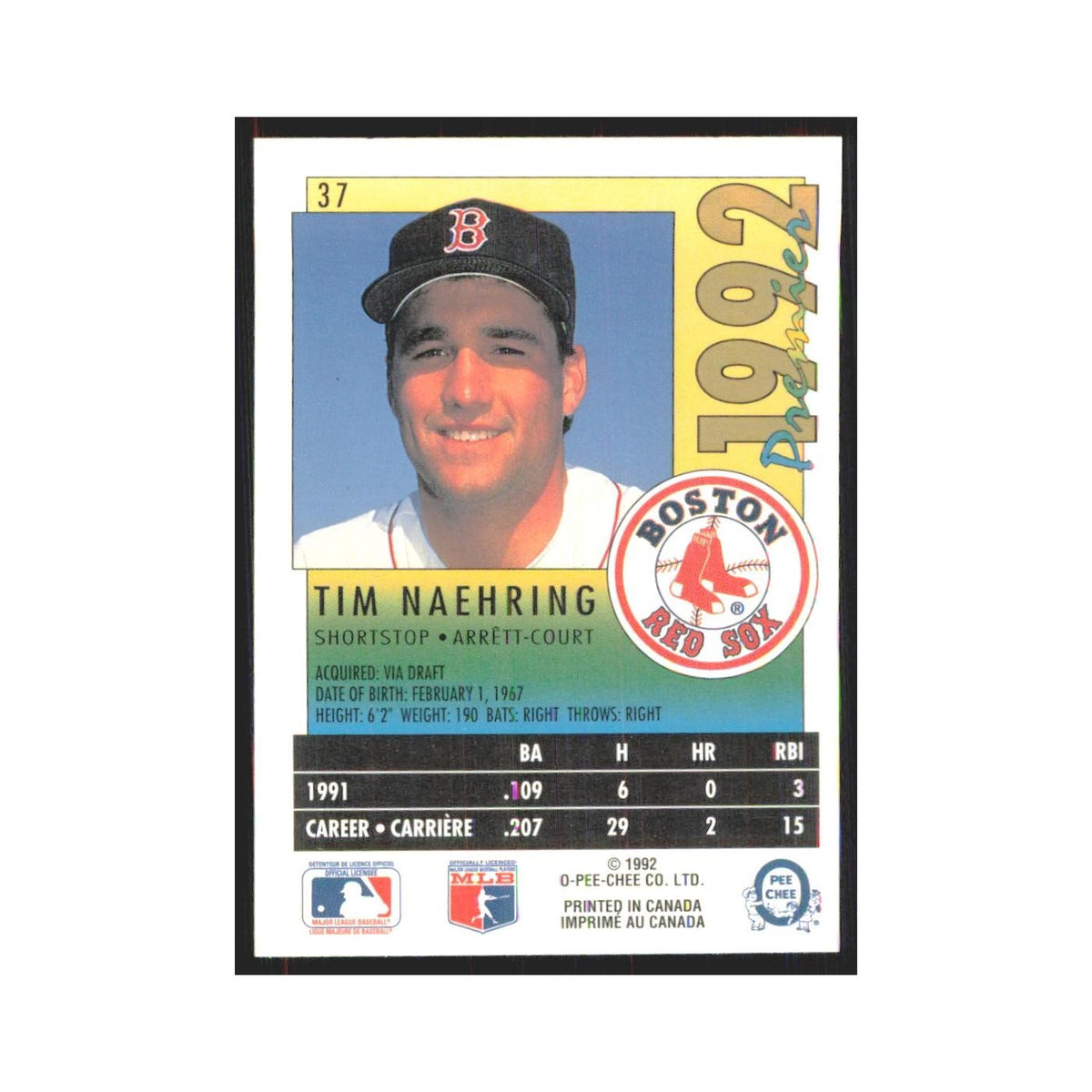1992 O-Pee-Chee Premier Tim Naehring Red Sox #37