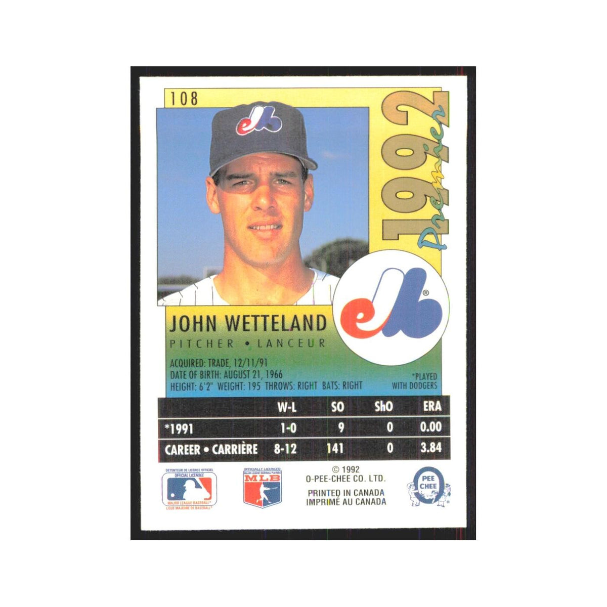 1992 O-Pee-Chee Premier John Wetteland Montreal Expos #108