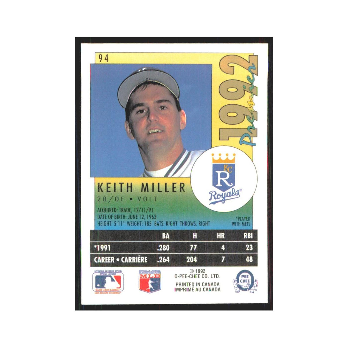 1992 O-Pee-Chee Premier Keith Miller Royals #94
